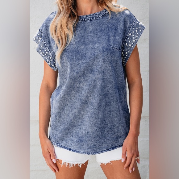 Dusk Blue Acid Wash Pearl
Embellishments O-neck Denim Top - Picture 4 of 16